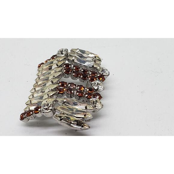 Vintage Rhinestone Brooch Shoulder Pin Clear & Topaz Silver Toned Abstract - Picture 7 of 15